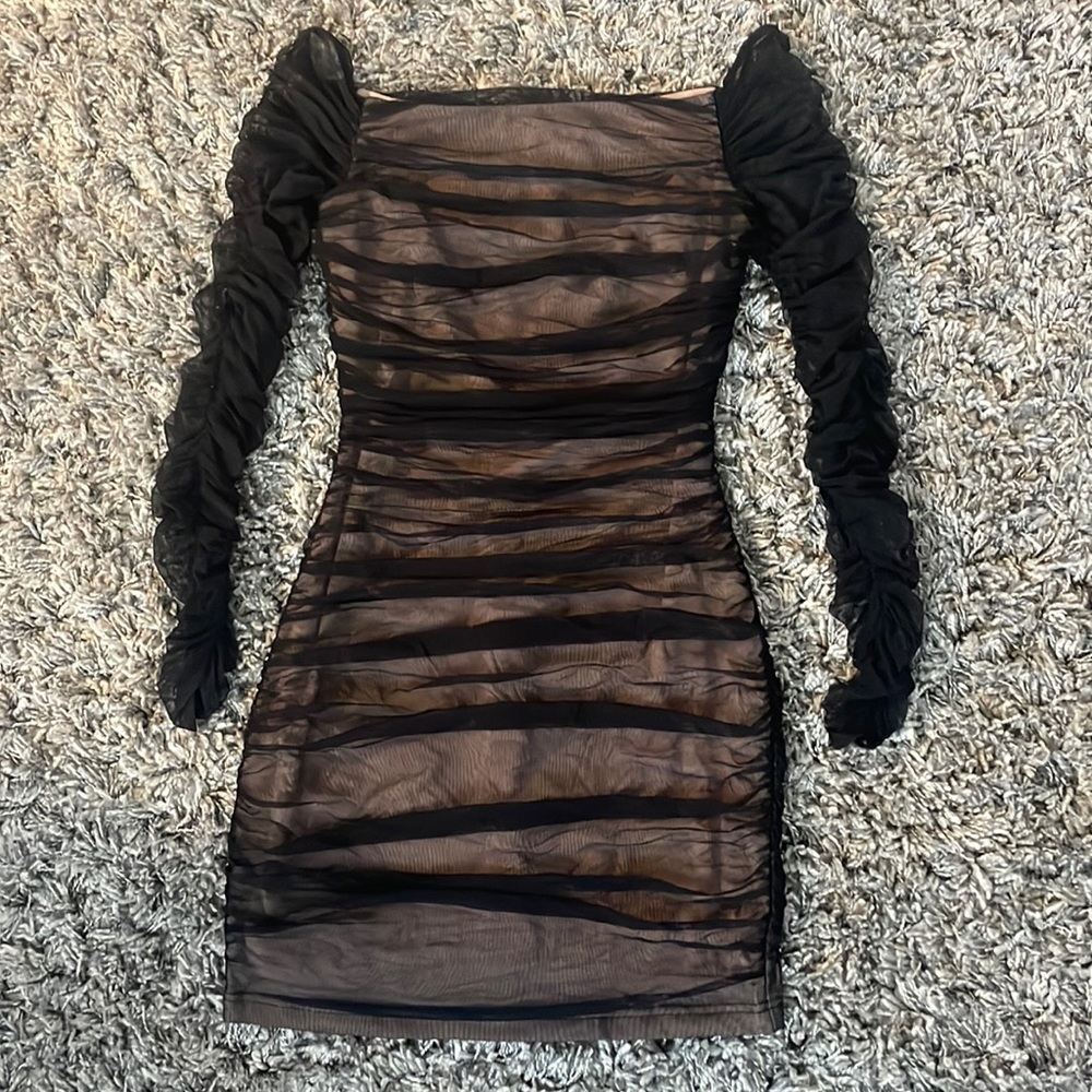 BEBE mesh overlay ruched dress